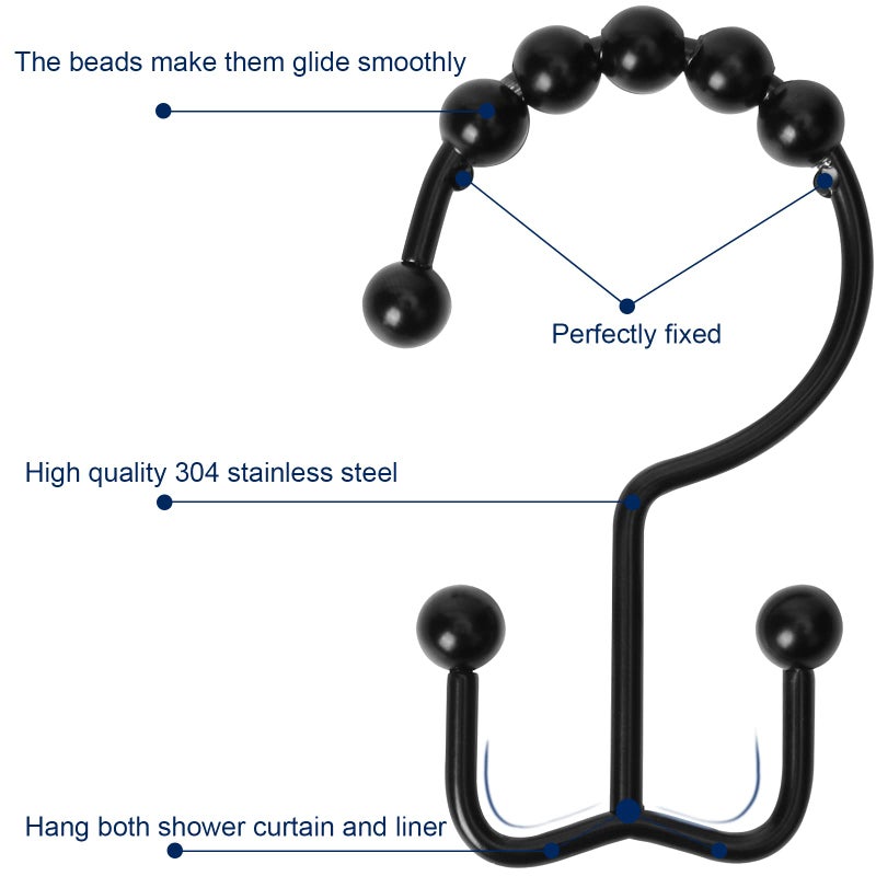 Gidse Shower Curtain Hooks Sturdy Stainless Steel Double Sided Shower Hooks Rings for Bathroom Shower Curtain Rods Curtains Set of 12 Hooks - Matte Black - Image 4